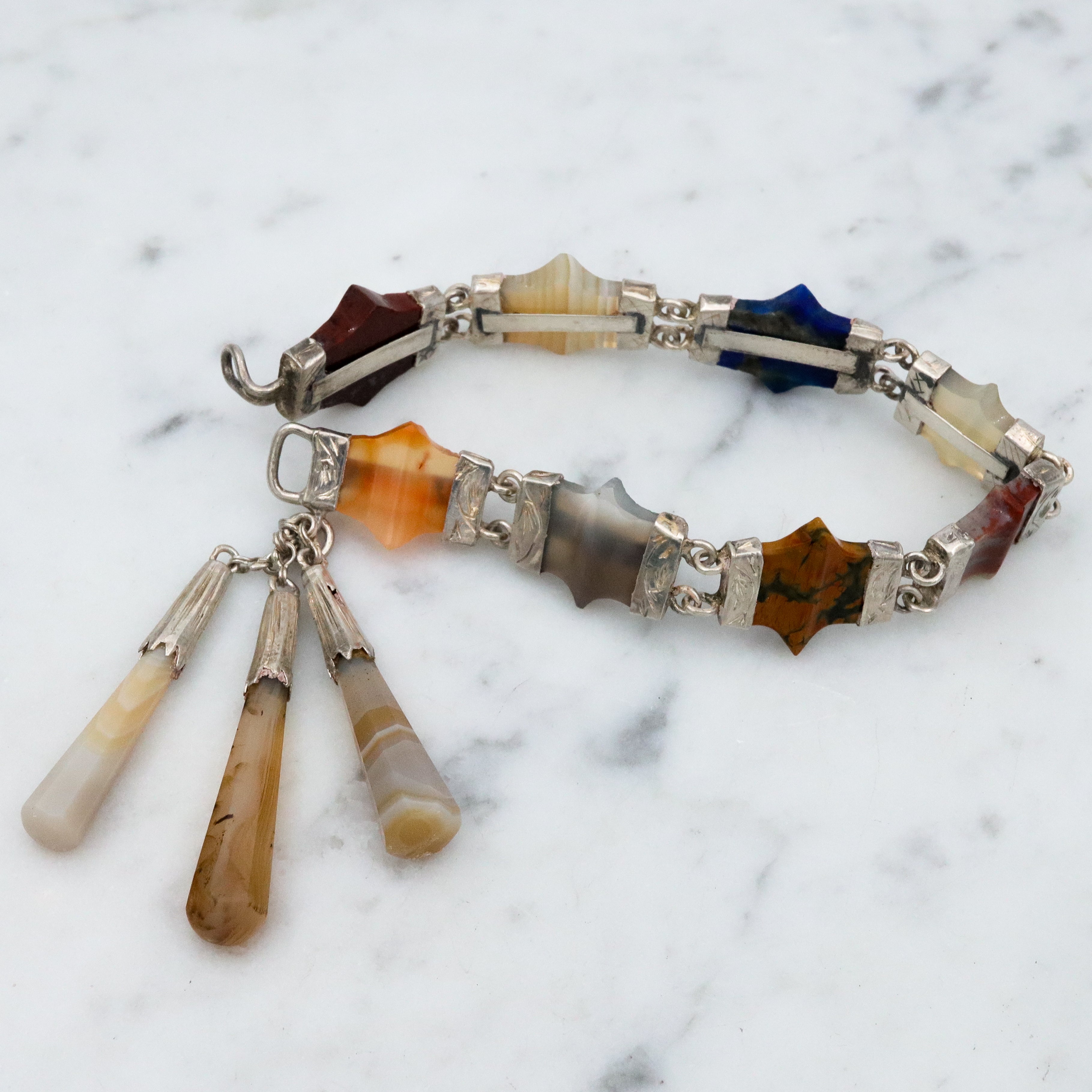 Antique Victorian Scottish Provincial agate link bracelet w/agate torpedo drops